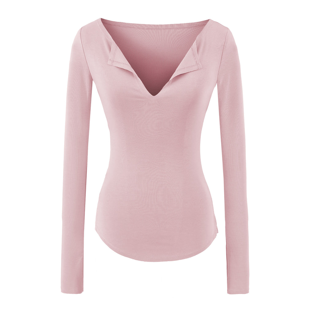Women's Pink Slim Fit Long Sleeve V-Neck T-Shirt with Side Slit