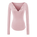 Women's Pink Slim Fit Long Sleeve V-Neck T-Shirt with Side Slit