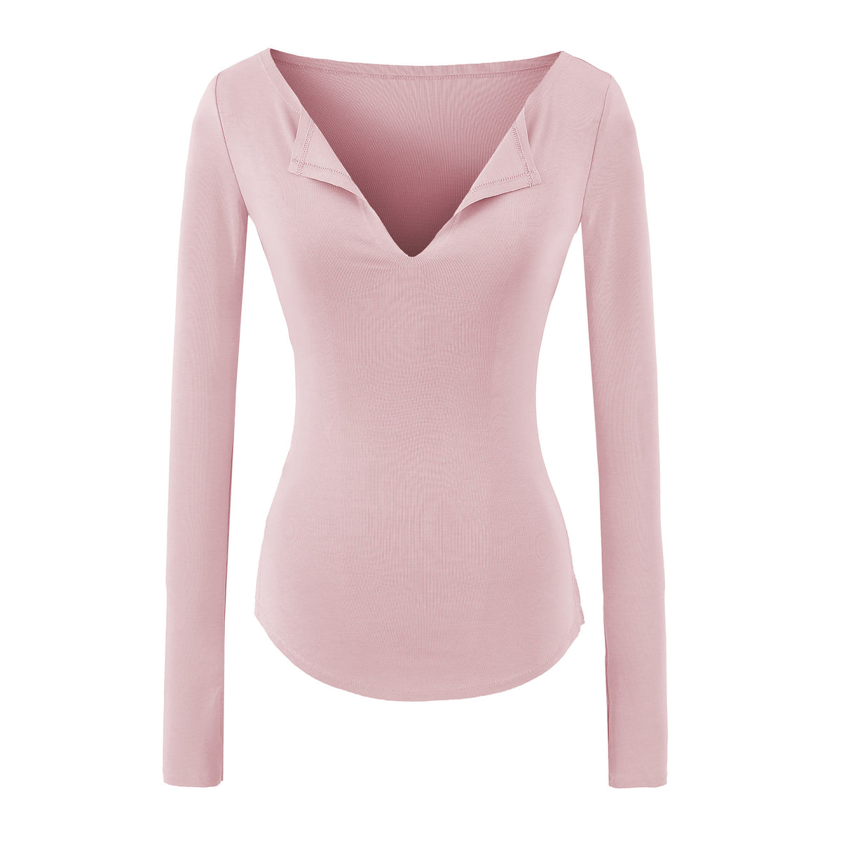 Women's Pink Slim Fit Long Sleeve V-Neck T-Shirt with Side Slit