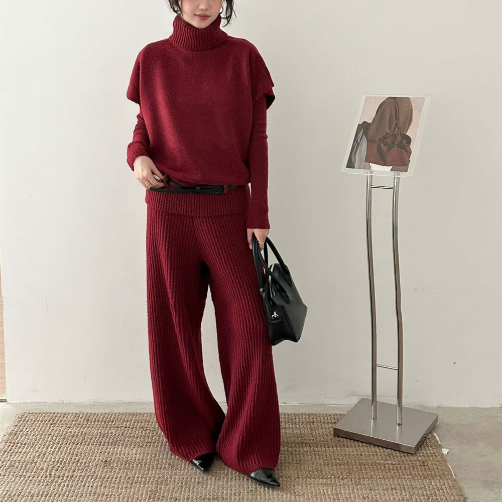 High neck sleeveless sweater, long sleeved base shirt, wide leg pants, three piece set