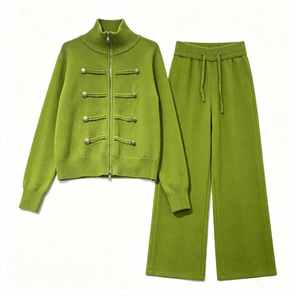 Double zipper long sleeved sweater set for women