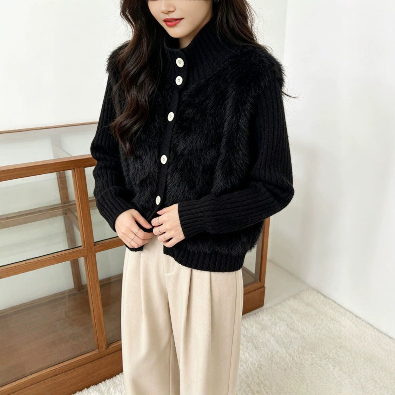 Stand up collar single breasted sweater