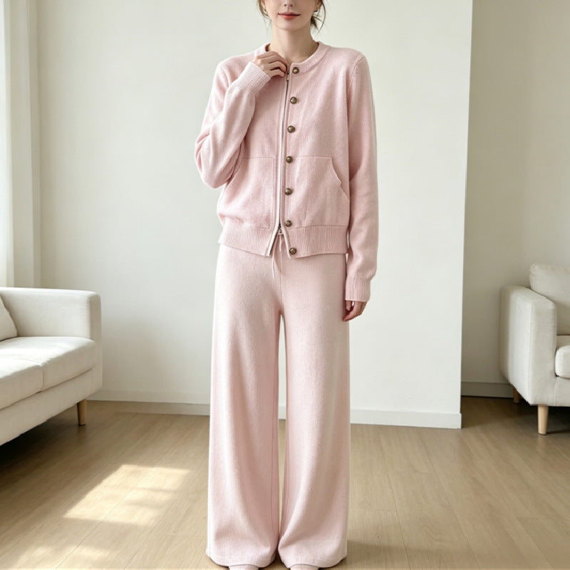 Zipper knit sweater wide leg straight leg pants solid color two-piece set