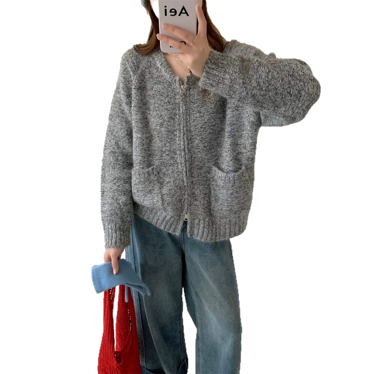 Round neck double zipper cardigan sweater for women