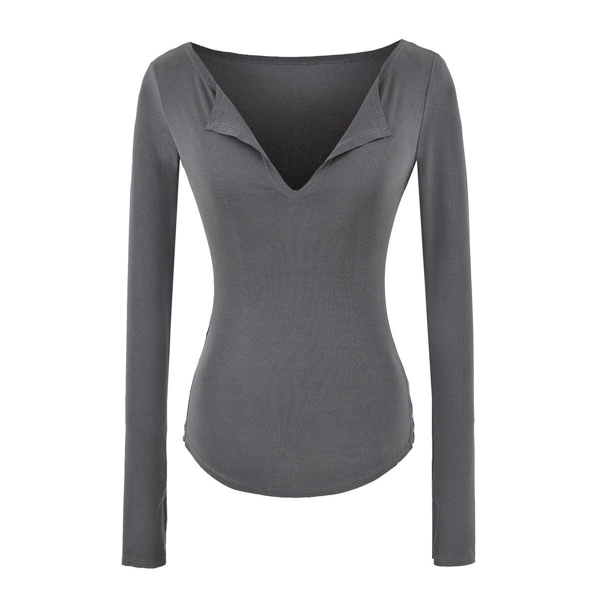 Women's Pink Slim Fit Long Sleeve V-Neck T-Shirt with Side Slit
