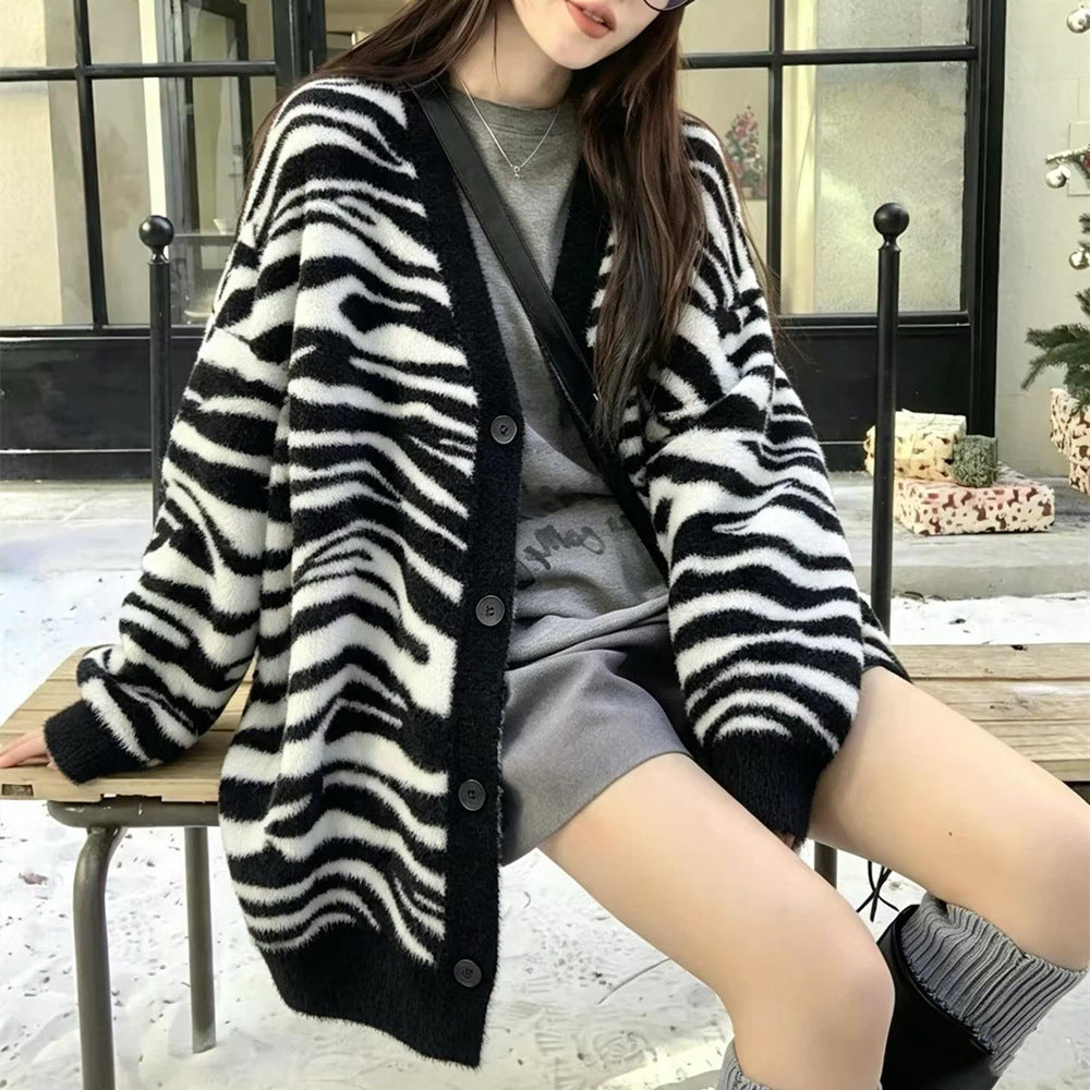 Zebra striped color blocked loose V-neck sweater