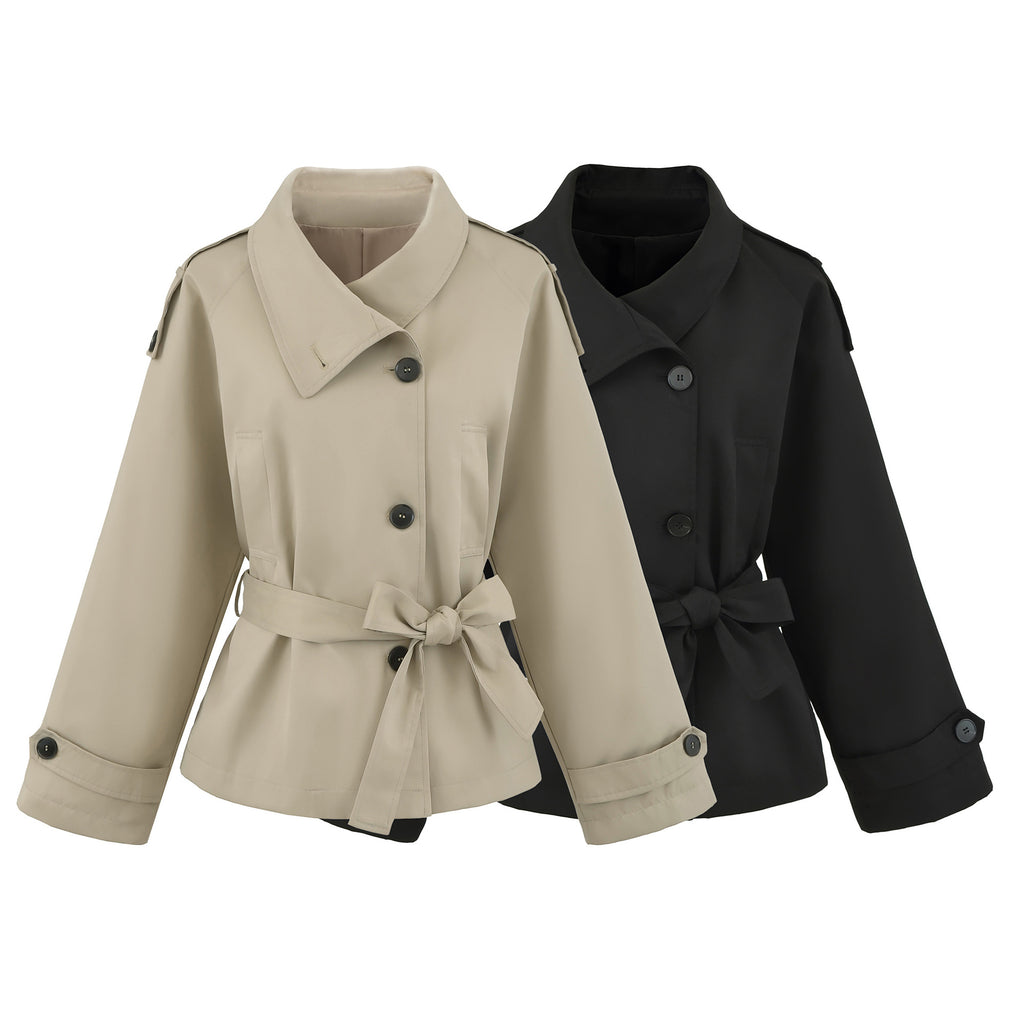 Women's Premium Short Stand Collar Trench Coat, Khaki Waist-Cinching Cropped Jacket for Petite