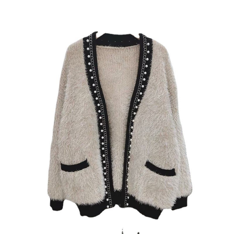 Women's Thick Knit Jacket, Chanel Style Beaded Sweater, Loose Casual Long Sleeve
