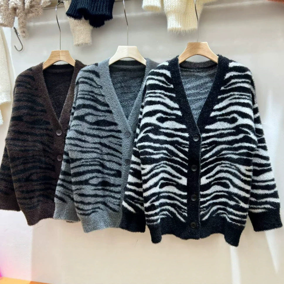 Zebra striped color blocked loose V-neck sweater