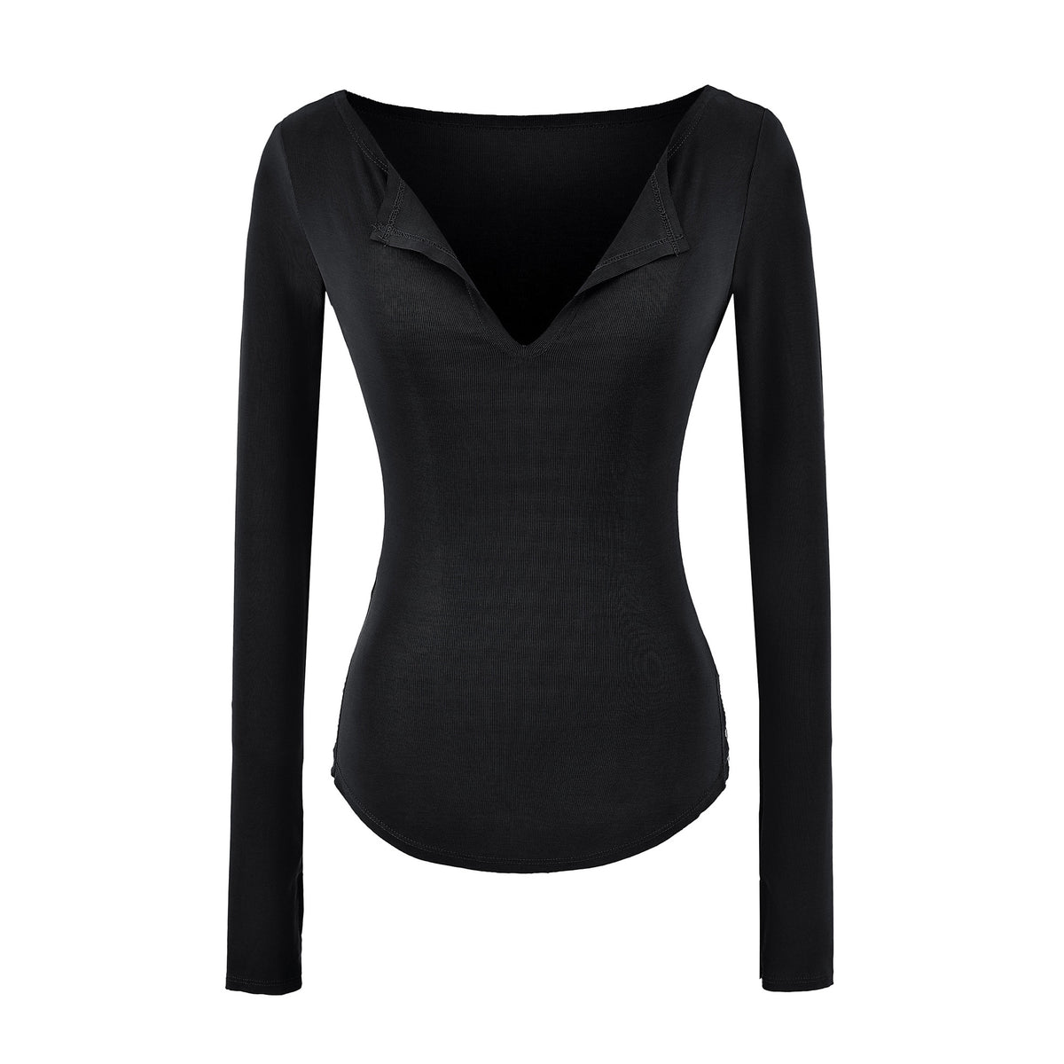 Women's Pink Slim Fit Long Sleeve V-Neck T-Shirt with Side Slit