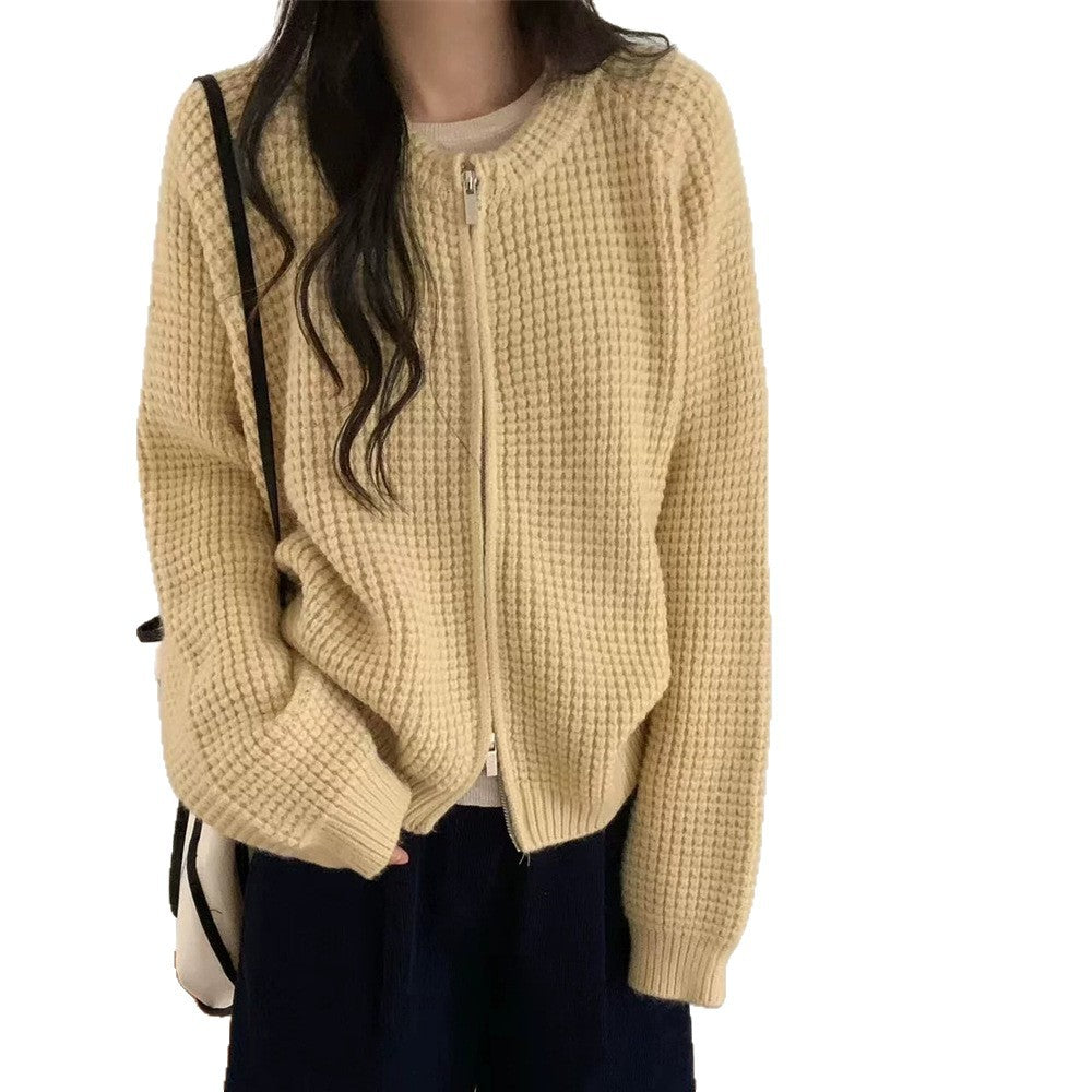 Round neck double zipper short sweater