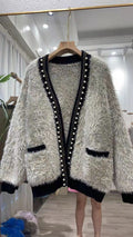 Women's Thick Knit Jacket, Chanel Style Beaded Sweater, Loose Casual Long Sleeve