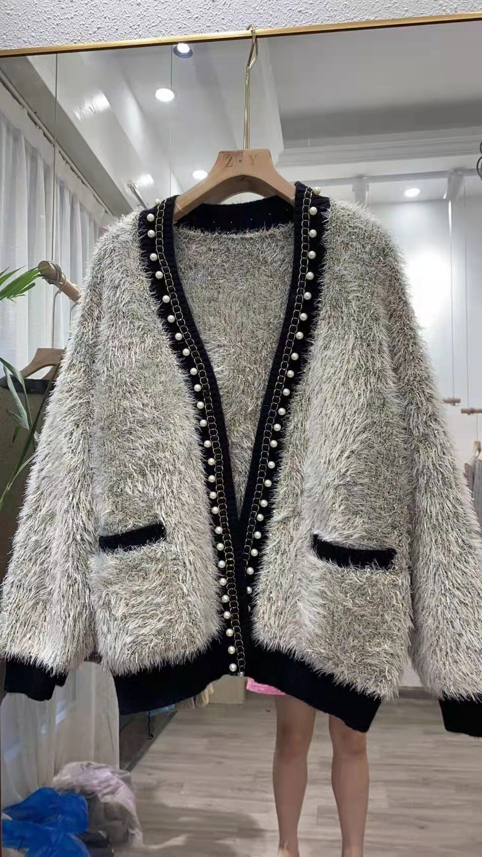 Women's Thick Knit Jacket, Chanel Style Beaded Sweater, Loose Casual Long Sleeve