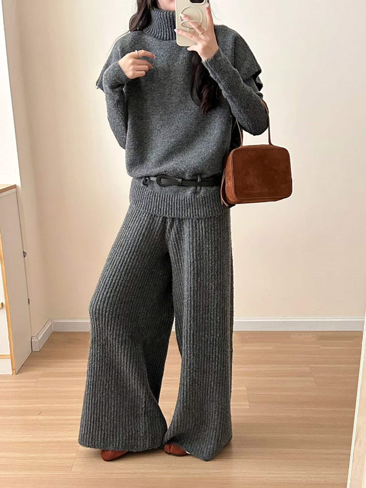 High neck sleeveless sweater, long sleeved base shirt, wide leg pants, three piece set